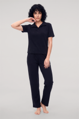 Akbeniz Kadın Lacivert Polo Yaka Pijama Takımı