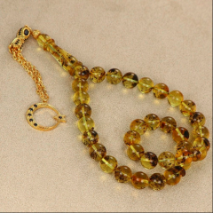 Altın Kaplama Gümüş Püsküllü Fosilli Damla Kehribar Tesbih