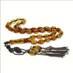 Gümüş Püsküllü Fosilli Damla Kehribar Tesbih