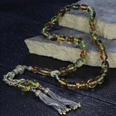 Gümüş Püsküllü Fosilli Damla Kehribar Tesbih