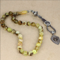 Gümüş Püsküllü Fosilli Damla Kehribar Tesbih