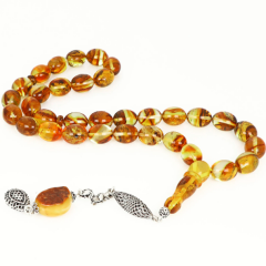 Doğal Fosilli Gümüş Püsküllü Damla Kehribar Tesbih