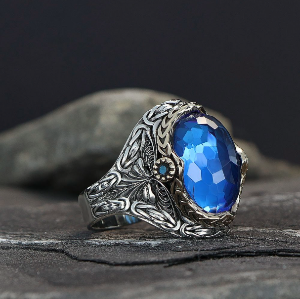 Kral Zincir Model Blue Topaz Taşlı 925 Ayar Erkek Gümüş Yüzük
