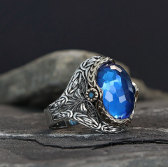 Kral Zincir Model Blue Topaz Taşlı 925 Ayar Erkek Gümüş Yüzük