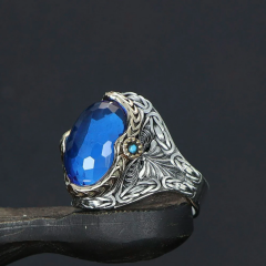 Kral Zincir Model Blue Topaz Taşlı 925 Ayar Erkek Gümüş Yüzük