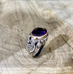 Gümüş Tasarım Amatist Taşlı Oval Semazen Model Otantik Trend Bayan Yüzük Takı