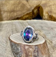 Gümüş Tasarım Mistik Topaz Taşlı Mekik Model Otantik Trend Bayan Yüzük Takı