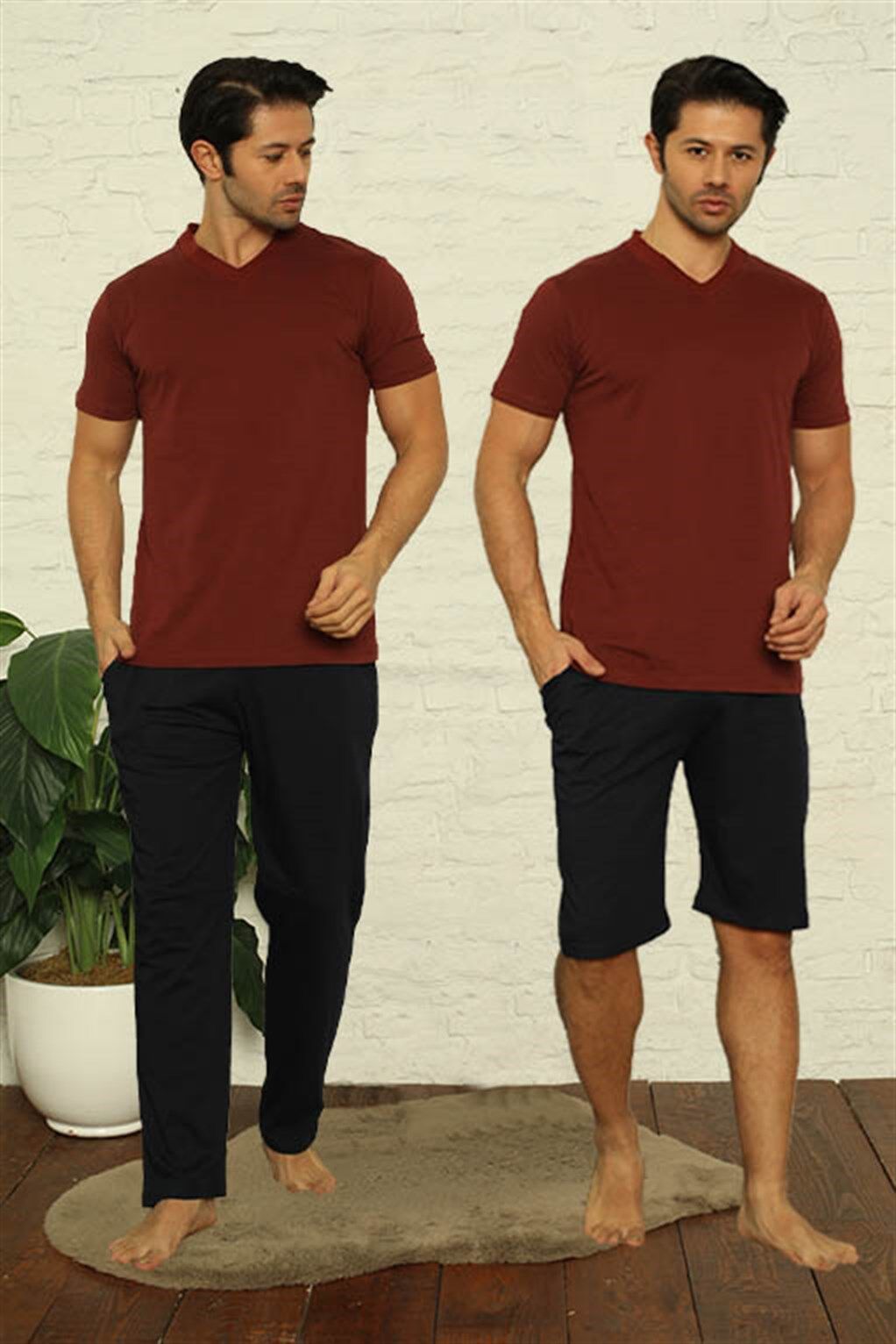 Akbeniz Erkek Bordo V Yaka 3'lü Pijama Takım 6822