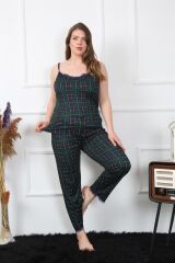 Akbeniz Kadın Büyük Beden Yeşil Ekoseli İp Askılı Pijama Takım 202197