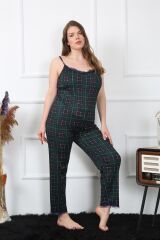 Akbeniz Kadın Büyük Beden Yeşil Ekoseli İp Askılı Pijama Takım 202197