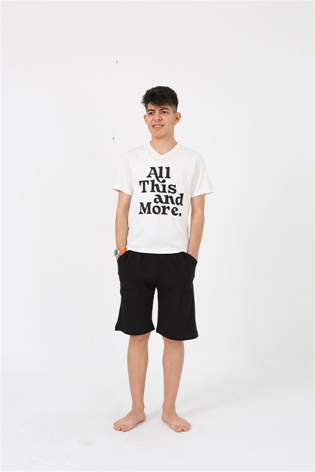 Akbeniz Erkek Genç Garson Boy Kısa Kol Ekru Penye Şortlu Pijama Takımı 20377