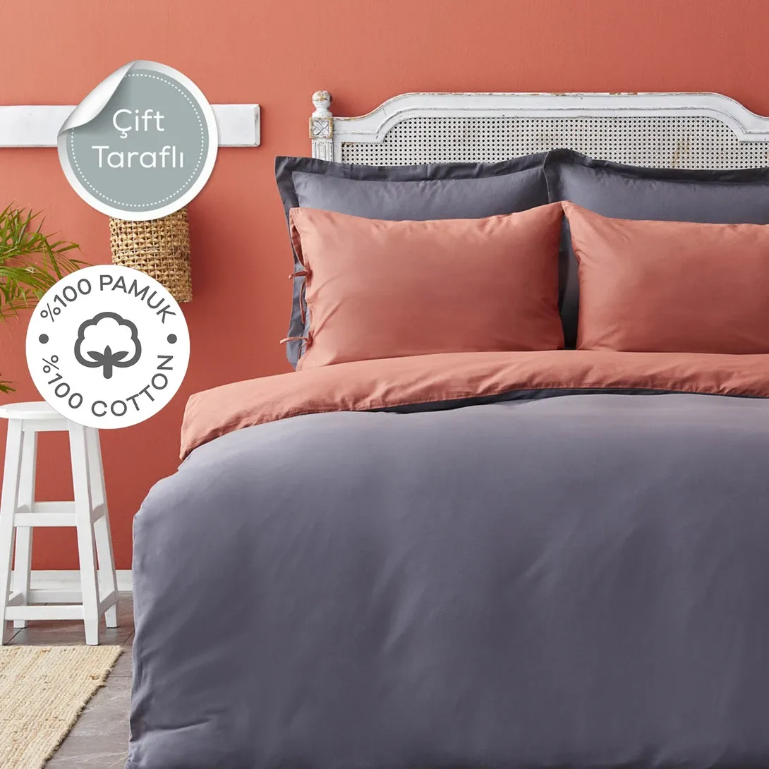 Karaca Home %100 Pamuk Basic Çift Taraflı Çift Kişilik Nevresim Takımı Antrasit