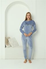 Akbeniz Kadın Kadife Mavi Pijama Takım 20624