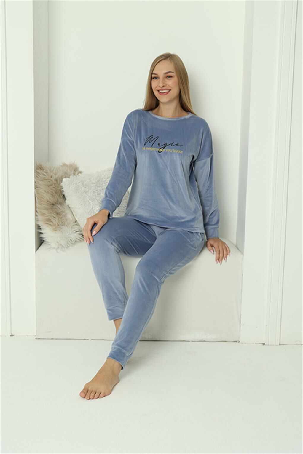 Akbeniz Kadın Kadife Mavi Pijama Takım 20624