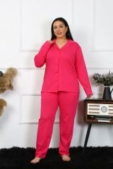 Akbeniz Kadın Büyük Beden Pamuklu Cepli Düğmeli Fuşya Pijama Takım 202401