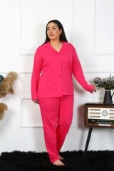 Akbeniz Kadın Büyük Beden Pamuklu Cepli Düğmeli Fuşya Pijama Takım 202401