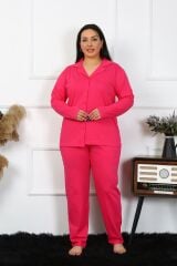 Akbeniz Kadın Büyük Beden Pamuklu Cepli Düğmeli Fuşya Pijama Takım 202401
