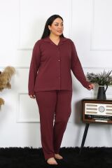 Akbeniz Kadın Büyük Beden Pamuklu Cepli Düğmeli Mürdüm Pijama Takım 202401