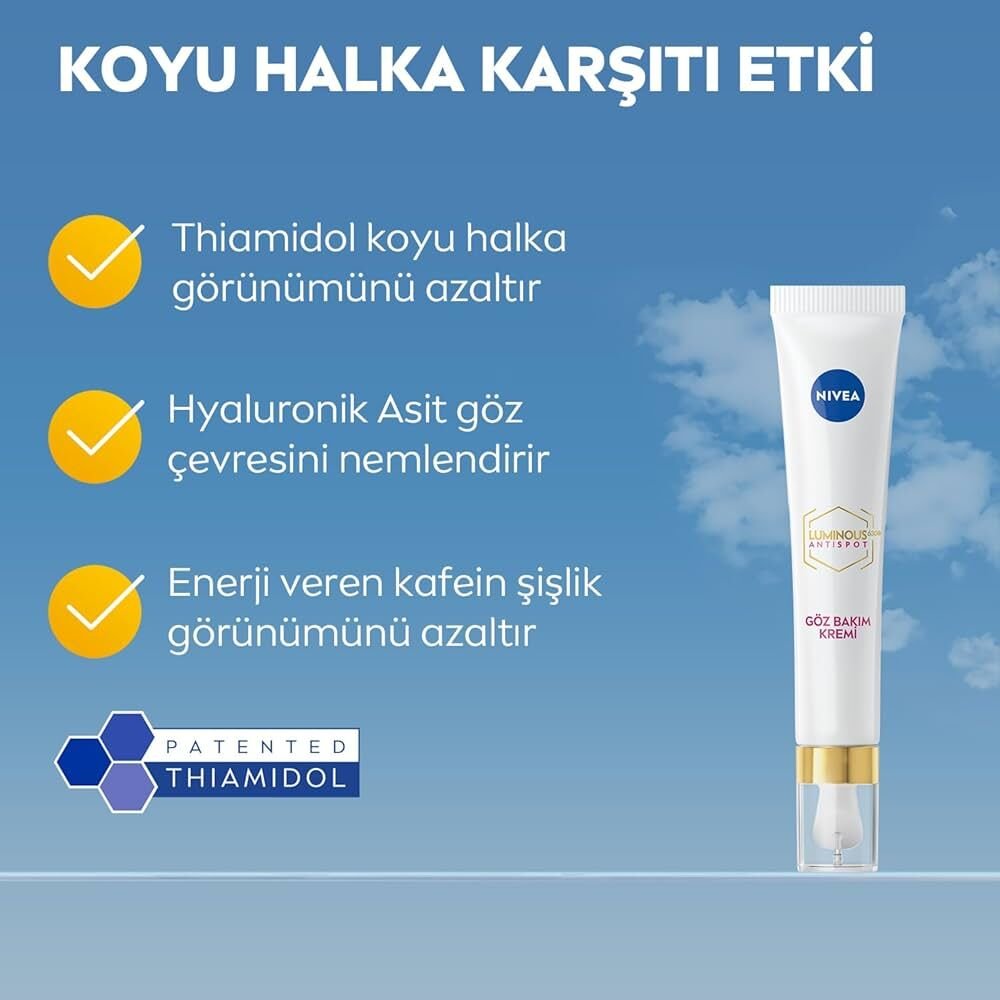 NIVEA Luminous630 Koyu Halka Karşıtı Göz Bakım Kremi 15 ml,Şişkinlik Görünümünü Azaltır,Aydınlık Göz Çevresi,Thiamidol,Kafein,Hyaluronik Asit