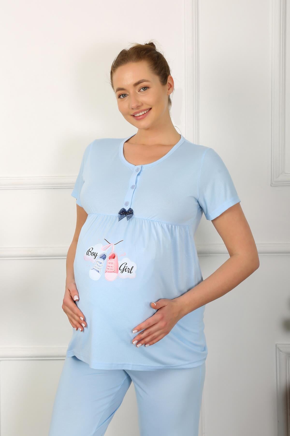 Akbeniz Kadın Kısa Kol Hamile Lohusa Pijama Takımı Mavi 45210