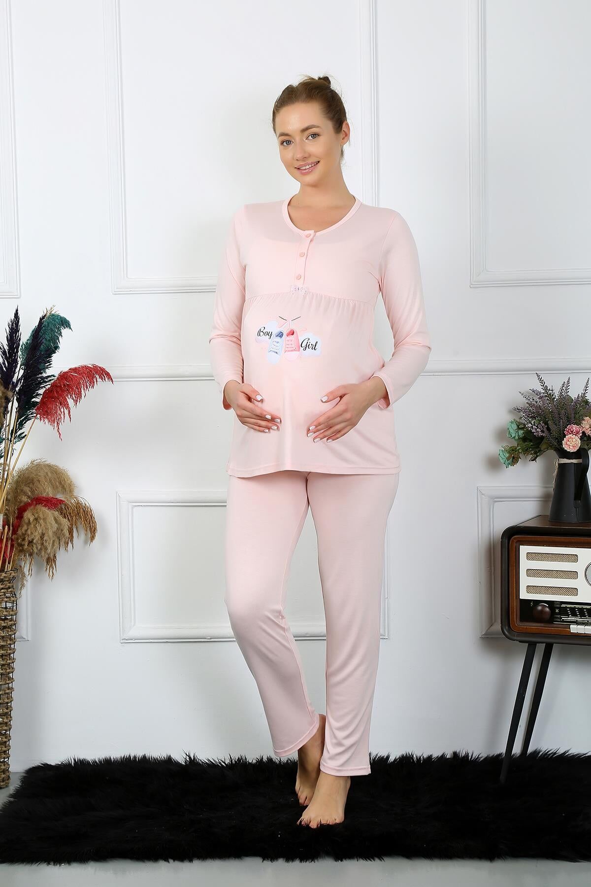 Akbeniz Kadın Uzun Kol Hamile Lohusa Pijama Takımı Pudra 45501