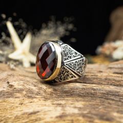 925 ayar gümüş Tasarım Sarmaşık model kırmızı Garnet Taşlı trend Erkek Yüzük
