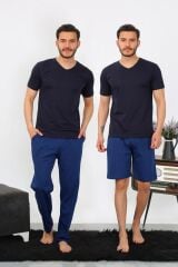 Akbeniz Erkek Penye 3'lü Lacivert V Yaka Pijama Takımı 6822