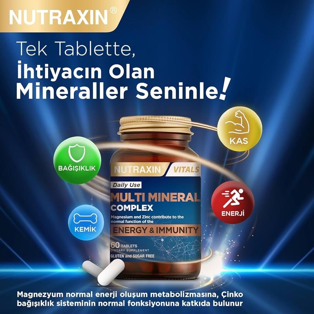 Nutraxin Multi Mineral Complex | 12 Mineral İçeren Takviye | Vegan | 60 Tablet | Kalsiyum, Magnezyum, Çinko, Demir ve Daha Fazlası