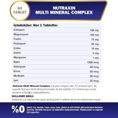 Nutraxin Multi Mineral Complex | 12 Mineral İçeren Takviye | Vegan | 60 Tablet | Kalsiyum, Magnezyum, Çinko, Demir ve Daha Fazlası