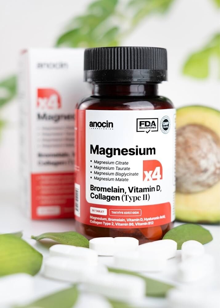 anocin MAGNEZYUM X4 COMPLEX CİTRATE, TAURATE, BİSGLYCİNATE, MALATE + BROMELAİN + KOLAJEN+ H.ASİT+D+B12+B6 30 tablet