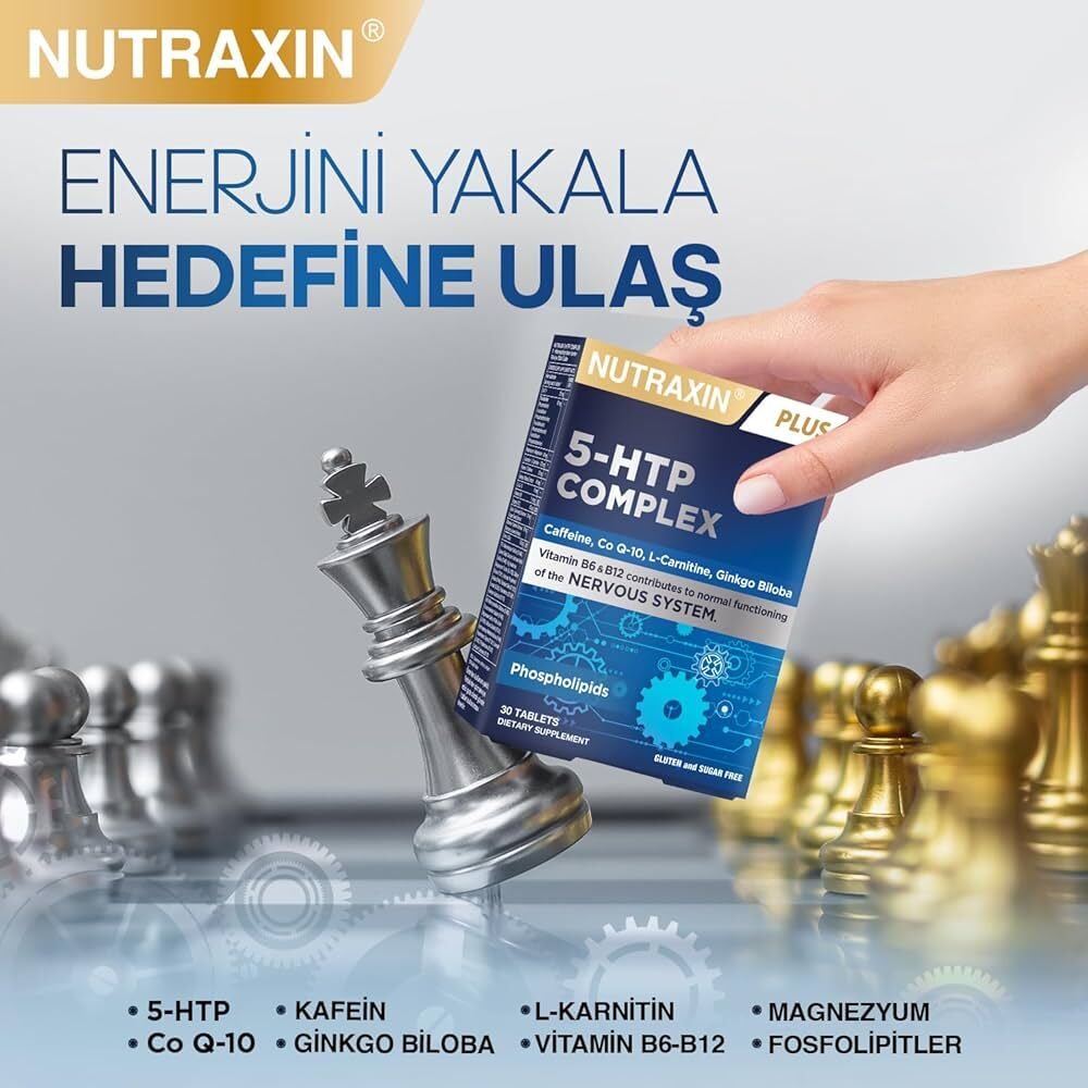 Nutraxin 5-HTP Complex 30 Tablet – L-Karnitin, Ginkgo Biloba, CoQ-10, Vitamin B6 & B12, Çinko ve Bitkisel Ekstreli Ruhsal ve Zihinsel Destek Takviyesi