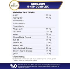 Nutraxin 5-HTP Complex 30 Tablet – L-Karnitin, Ginkgo Biloba, CoQ-10, Vitamin B6 & B12, Çinko ve Bitkisel Ekstreli Ruhsal ve Zihinsel Destek Takviyesi