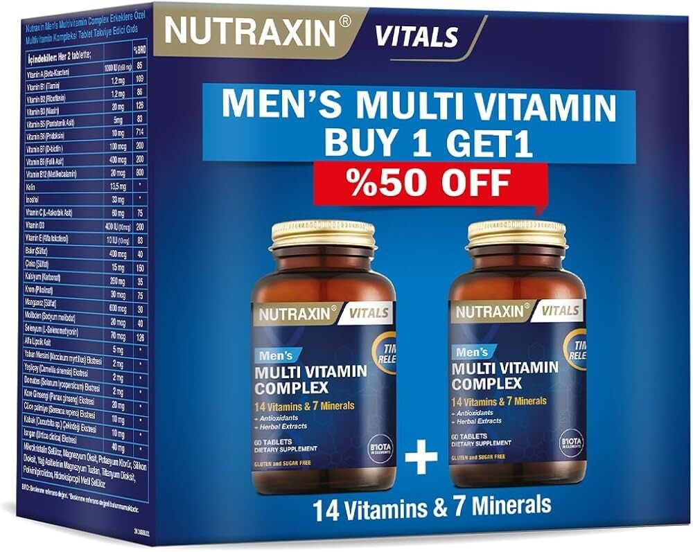 Nutraxin Multi Vitamin Complex Men's | Erkeklere Özel Multivitamin | 14 Vitamin + 7 Mineral + Bitkisel Ekstreler | Zaman Salınımlı | 2.% 50 İndirimli Avantaj Paketi