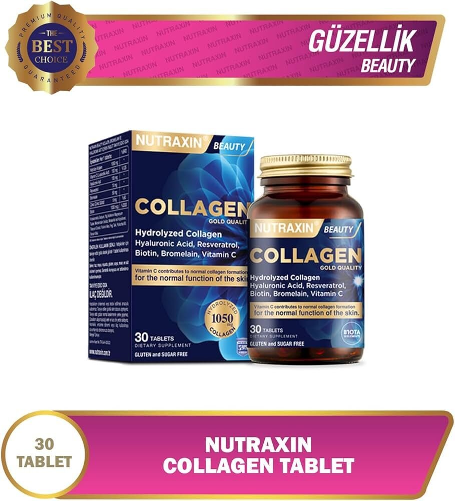 Nutraxin Collagen Gold Quality Tablet – Hidrolize Kolajen, C Vitamini, Hyaluronik Asit, Biotin, Çinko ve Resveratrol İçeren Cilt, Saç ve Tırnak Takviyesi – 30 Tablet