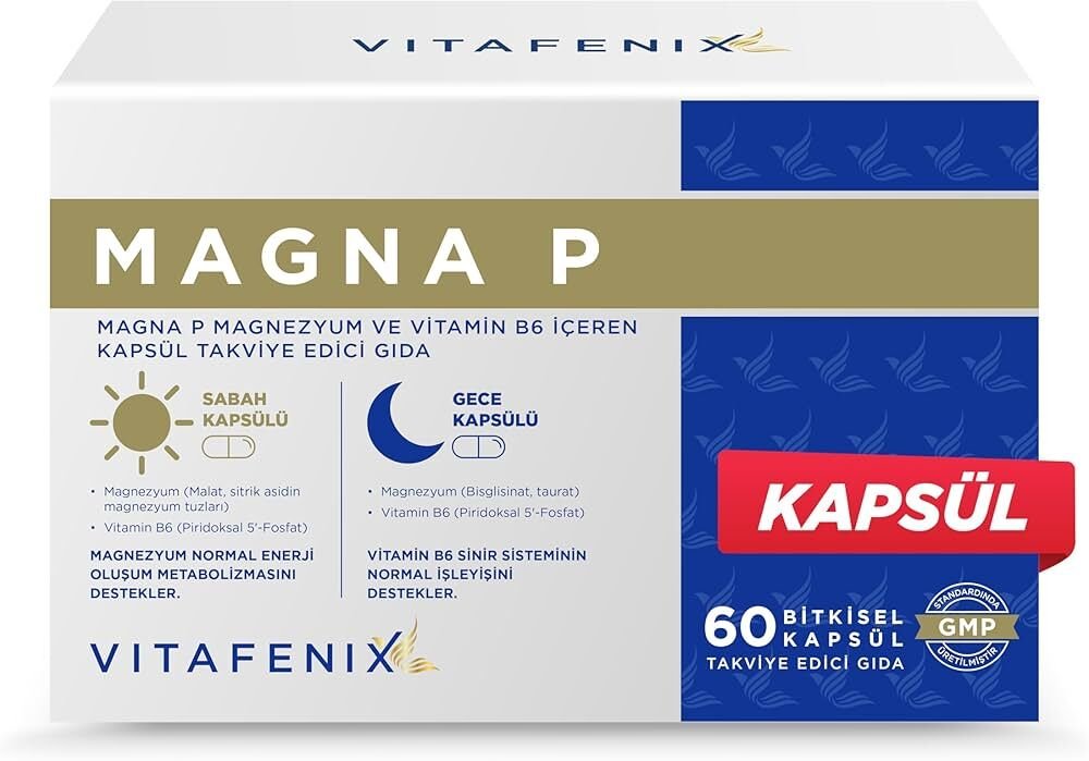 Vitafenix Magna P Magnezyum Complex - Malat Sitrat Glisinat Taurat ve B6 ile Gece Gündüz Kapsül Magnezyum Takviyesi