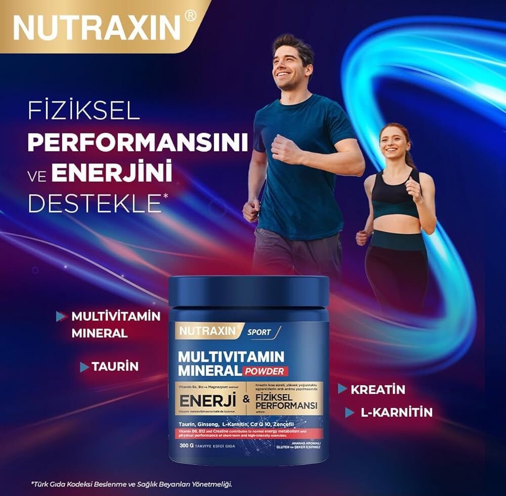 Nutraxin Multivitamin Mineral Complex – 12 Temel Mineral İçeren Günlük Destek – 300g – Vegan – Şekersiz ve Glutensiz
