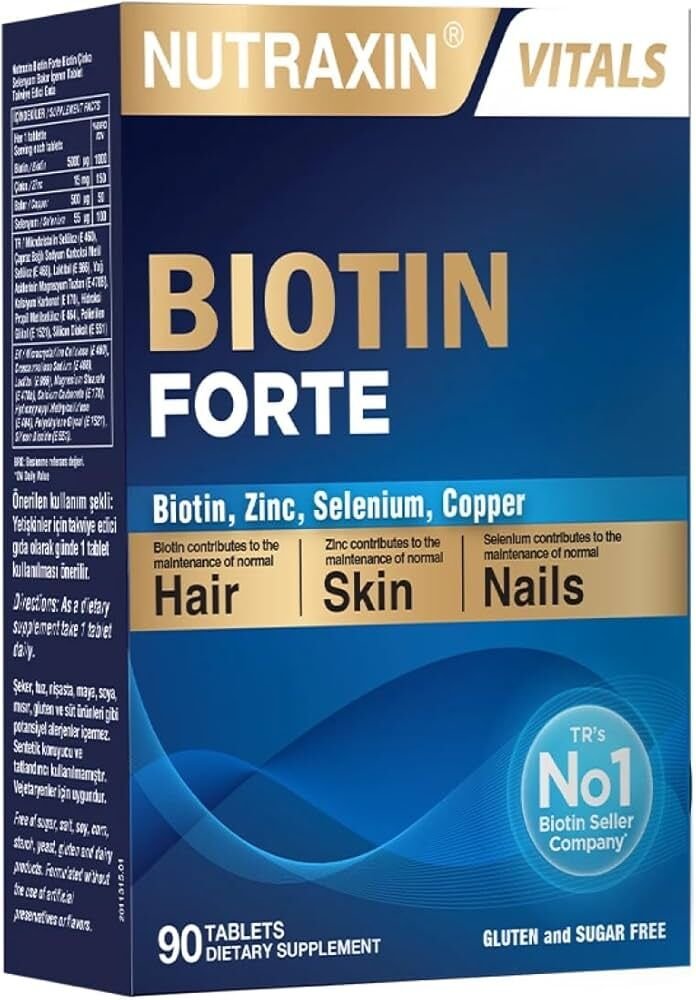 Nutraxin Biotin Forte – 5000 mcg Biotin, Çinko, Bakır ve Selenyum İçeren Saç, Cilt ve Tırnak Destek Tableti – 60 Tablet – Vegan