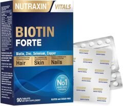 Nutraxin Biotin Forte – 5000 mcg Biotin, Çinko, Bakır ve Selenyum İçeren Saç, Cilt ve Tırnak Destek Tableti – 60 Tablet – Vegan