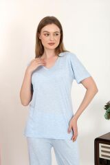 Akbeniz Kadın Kısa Kol Pamuk Penye Pijama Takım Mavi 4213