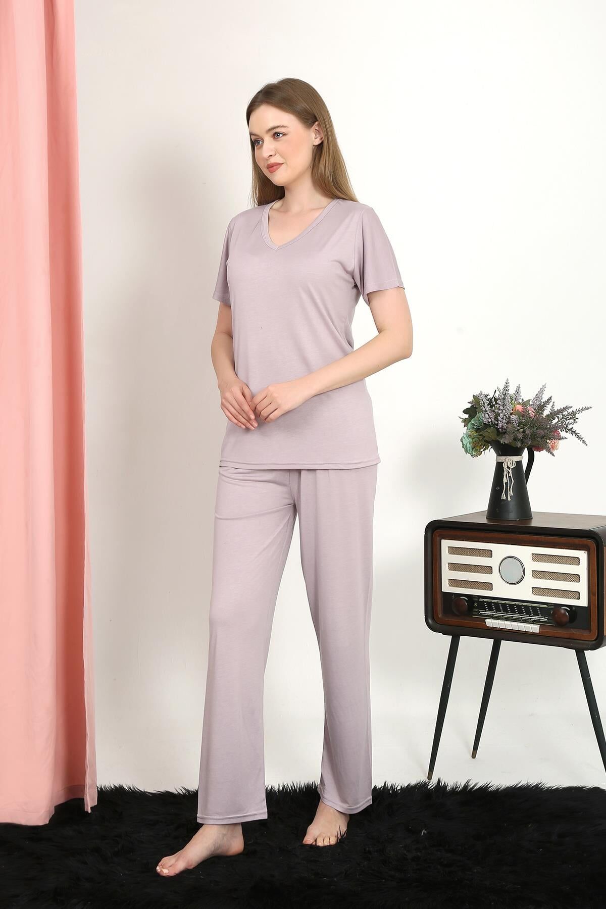 Akbeniz Kadın Kısa Kol Pamuk Penye Pijama Takım Pudra 4213