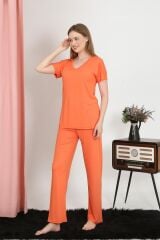 Akbeniz Kadın Kısa Kol Pamuk Penye Pijama Takım Turuncu 4213