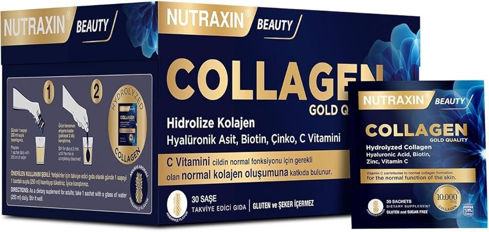 Nutraxin Beauty Gold Collagen C Vitamini, Hyalüronik Asit, Kolajen Takviye Edici Gıda (1 x 30 adet)