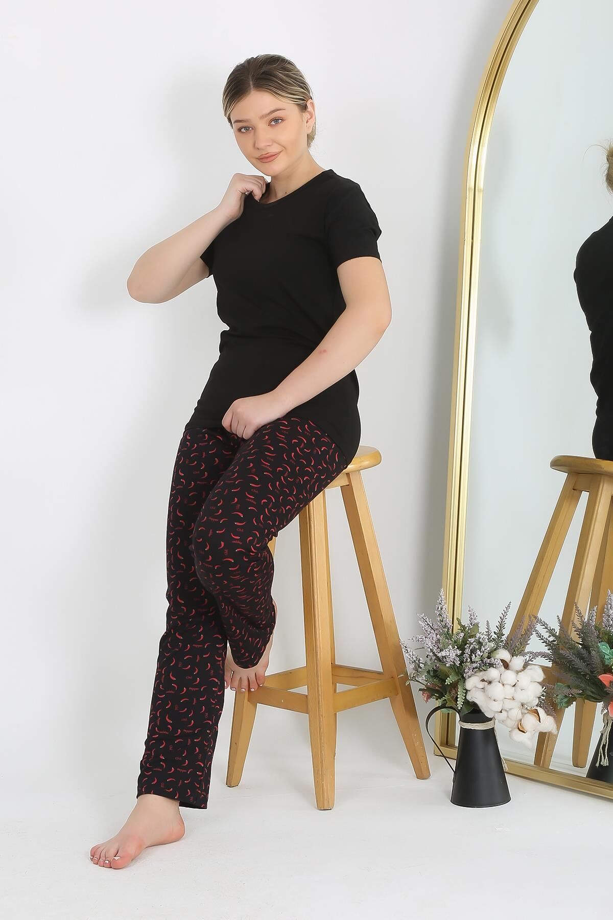 Akbeniz Kadın Kısa Kol Pamuk Penye Pijama Takım Siyah 4214