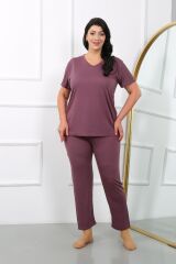 Akbeniz Kadın Büyük Beden  Kısa Kol Penye Pijama Takımı Mürdüm 202405