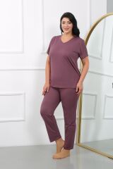 Akbeniz Kadın Büyük Beden  Kısa Kol Penye Pijama Takımı Mürdüm 202405
