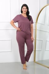 Akbeniz Kadın Büyük Beden  Kısa Kol Penye Pijama Takımı Mürdüm 202405
