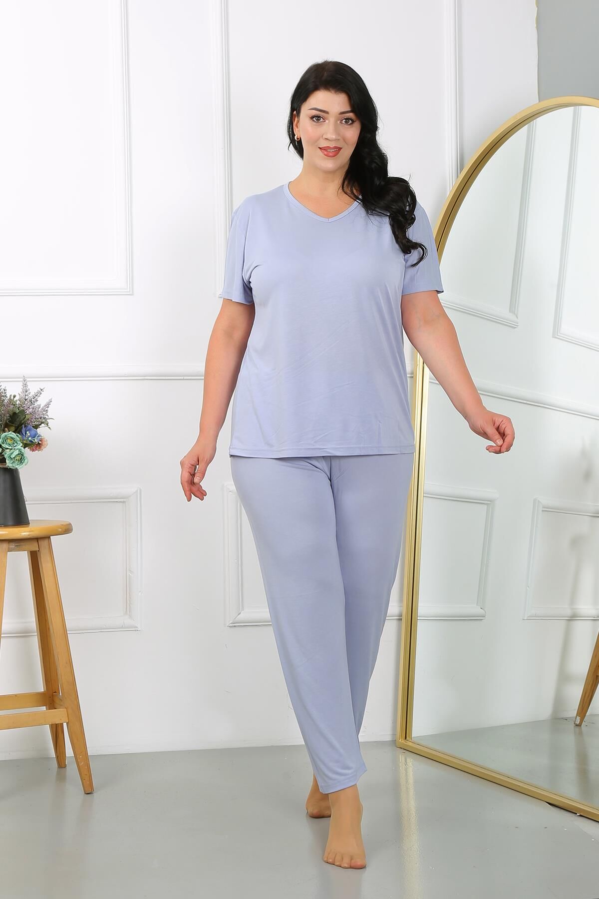 Akbeniz Kadın Büyük Beden  Kısa Kol Penye Pijama Takımı Lila 202405