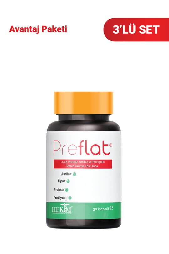 Preflat Preflat Lipaz, Proteaz, Amilaz ve Probiyotik İçeren 30 Kapsül 3'lü Paket