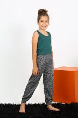 Akbeniz Kız Çocuk Sıfır Kol Zümrüt Yeşili Penye Pijama Takım 20433