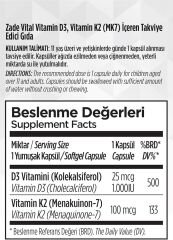 Zade Vital D3+K2 Vitamini İçeren Takviye Edici Gıda 30 Kapsül (1 x 30 Adet)